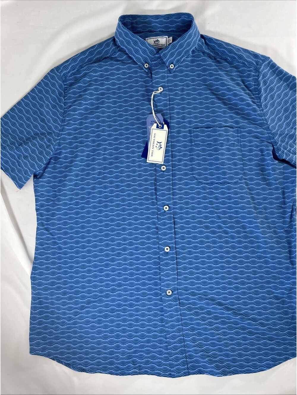 Southern Tide NWT Blue Wave Pattern Short Sleeve Button Down Shirt Size L